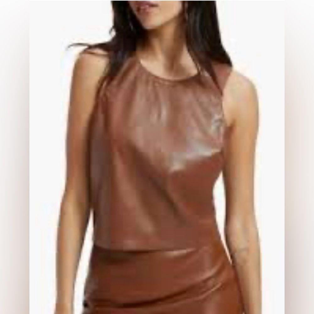 Good American Sleeveless Faux Leather Cropped Tank Top Chocolate Brown